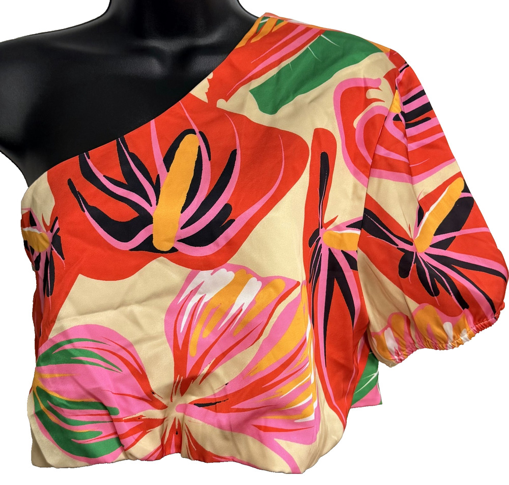 Lexbreezy Hawaii Hoku One Shoulder Crop Top Women's XL Tropical Floral Print NEW
